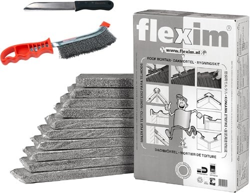 Flexim Dakmortel Grijs 20L + Flexim Afwerkmes + Staalborstel