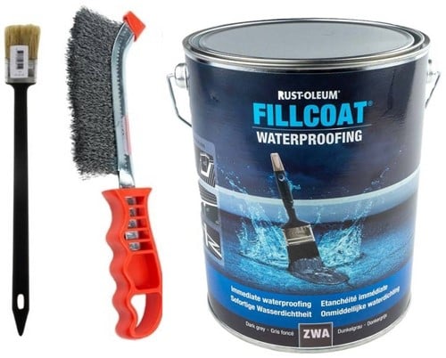 Rust-Oleum Fillcoat Zwart (zonder vezels) 5 Liter (Ca 5 M2) + Kwast + Staalborstel